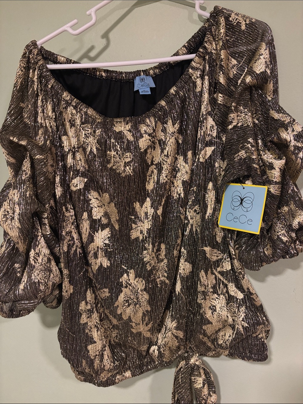 CeCe NWT  Metallic Brown Floral Tie-Hem Women's Top